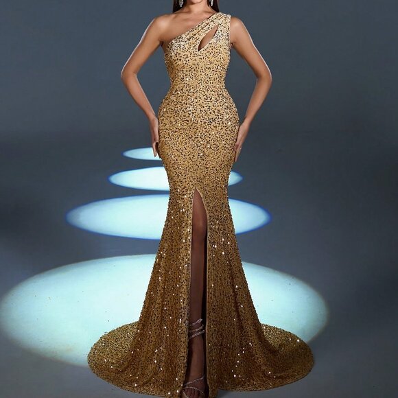 Champagne Party Women's Sequin One Shoulder Mermaid Hem Split Formal Dress - Picture 4 of 6